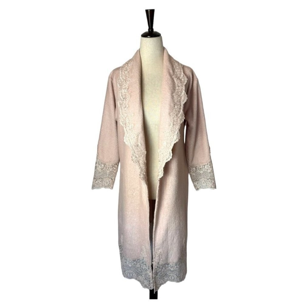 Nusa Pale Pink‎ Terrycloth Shawl Collar Open Lace Detail Housecoat Robe Size S